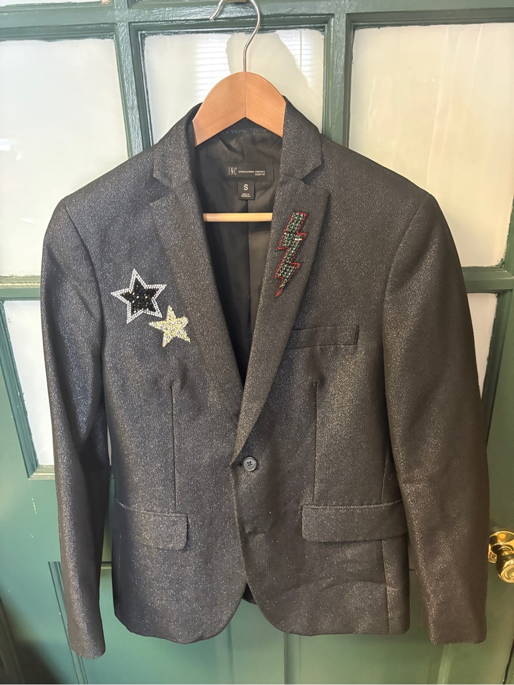 INC International Concepts Black Glitter Blazer with Star & Lightning Patches
